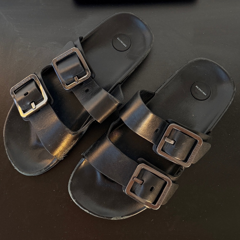 Balenciaga Black Leather Double Strap Buckle Slides
